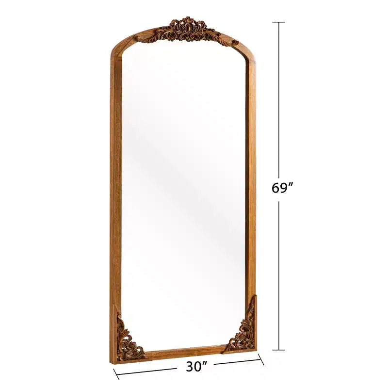 Specchio a figura intera 70x30 in legno massiccio intagliato, ad angolo retto, leggermente arcuato e dorato