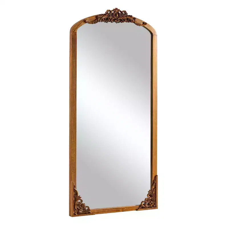 Specchio a figura intera 70x30 in legno massiccio intagliato, ad angolo retto, leggermente arcuato e dorato