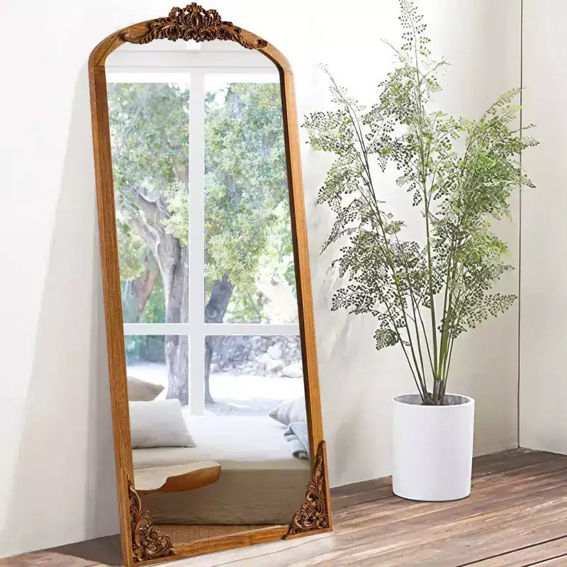 70x30 Solid wood carved right-angle slightly arched golden full-length mirror