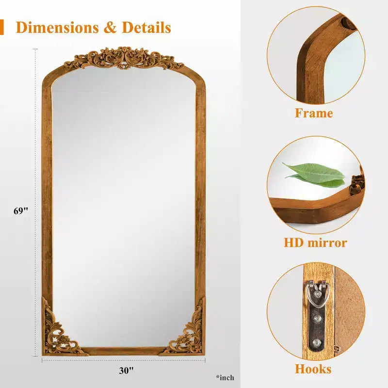 70x30 Solid wood carved right-angle slightly arched golden full-length mirror