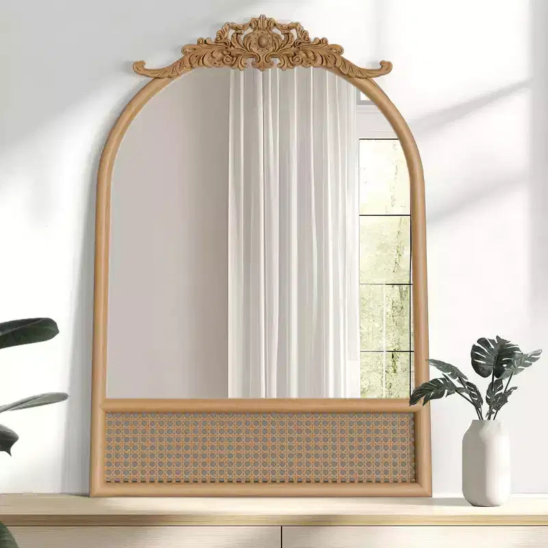 Natural Wood Base Woven Rattan Carved Arch Wall Mirror, 91x61cm, Tempered Glass