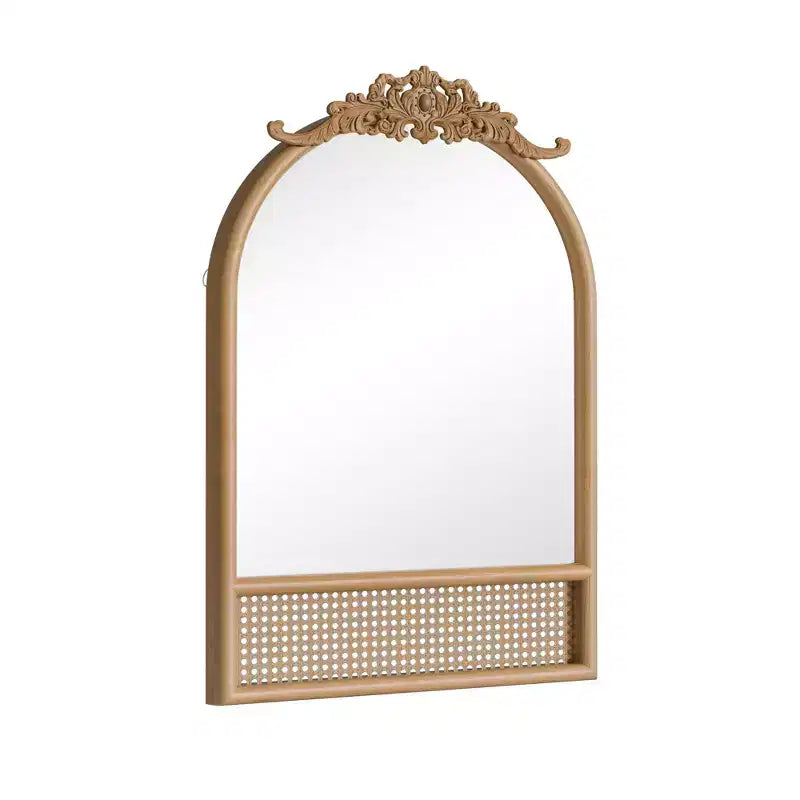 Specchio da parete ad arco intagliato in rattan intrecciato con base in legno naturale, 91x61 cm, vetro temperato