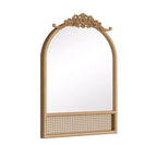 Specchio da parete ad arco intagliato in rattan intrecciato con base in legno naturale, 91x61 cm, vetro temperato
