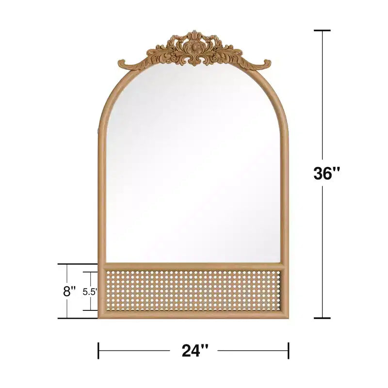 Natural Wood Base Woven Rattan Carved Arch Wall Mirror, 91x61cm, Tempered Glass