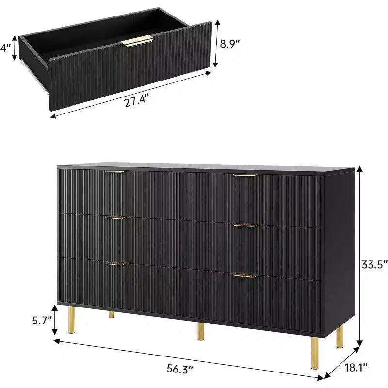 Cassettiera moderna a 6 cassetti per camera da letto con maniglia dorata e cassetti grandi, comò doppio in legno e organizer contenitore