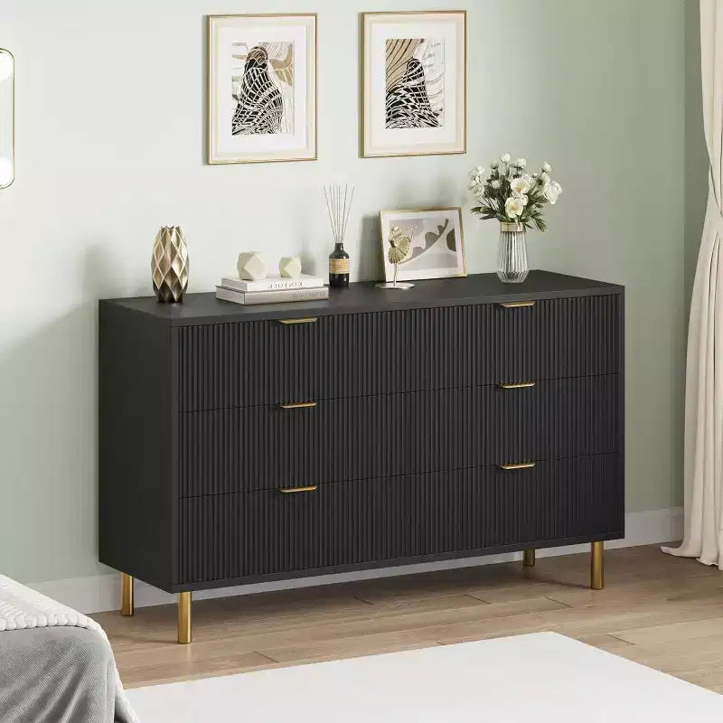 Modern 6 Drawer Dresser for Bedroom with Gold Handle and Large Drawer, Wood Double Chest of Drawers and Storage Organizer