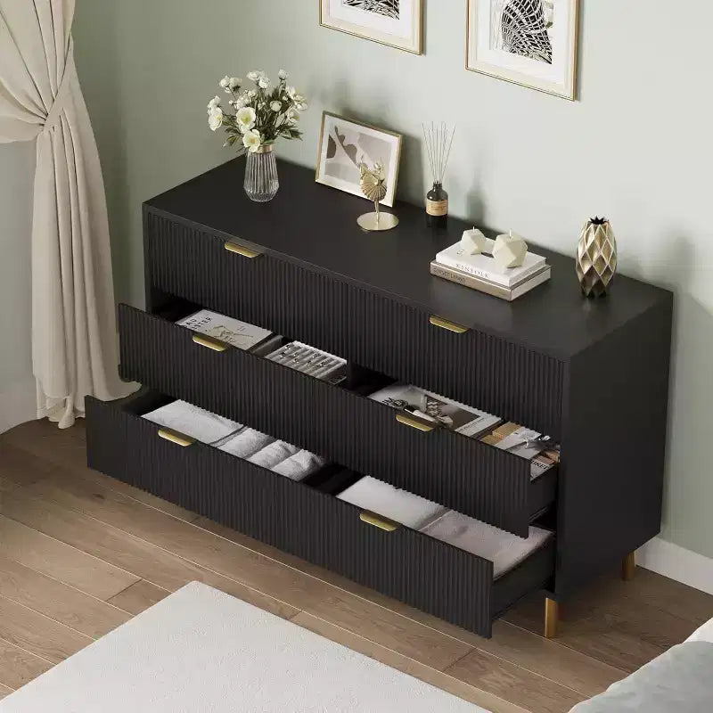 Cassettiera moderna a 6 cassetti per camera da letto con maniglia dorata e cassetti grandi, comò doppio in legno e organizer contenitore