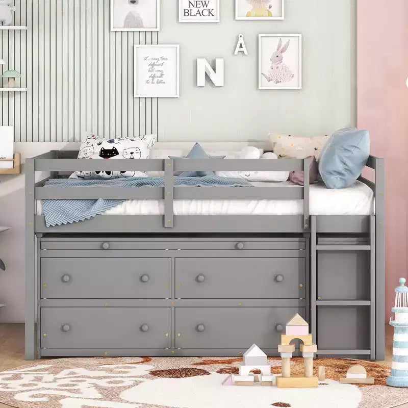 Letto a soppalco singolo (76L x 41.8W) con scrivania estraibile, 4 cassetti, scrivania laterale portatile e mensole