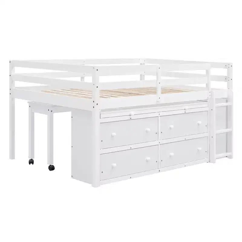 Letto a soppalco singolo (76L x 41.8W) con scrivania estraibile, 4 cassetti, scrivania laterale portatile e mensole