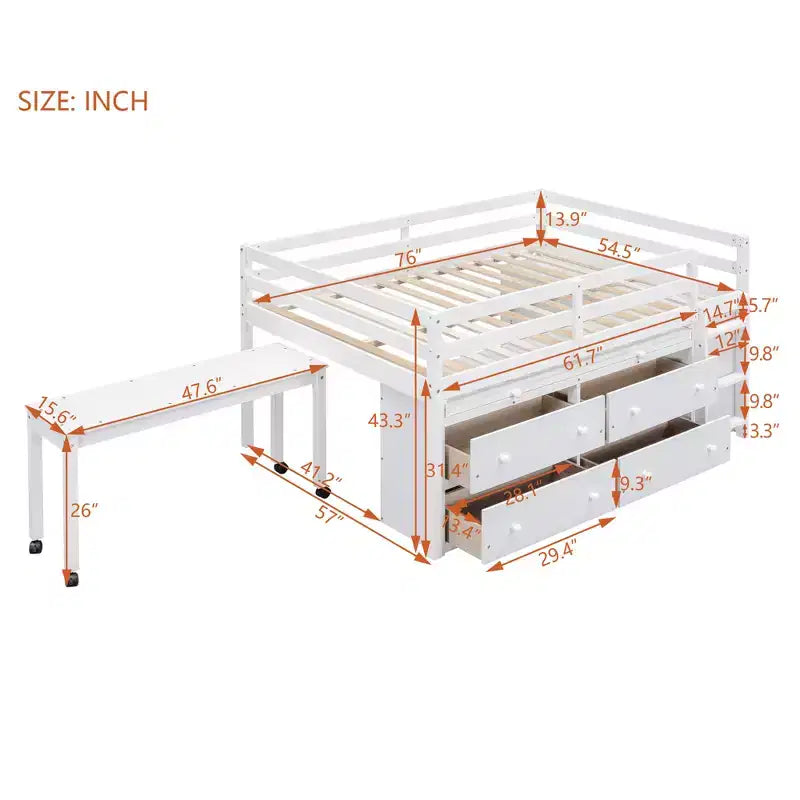 Letto a soppalco singolo (76L x 41.8W) con scrivania estraibile, 4 cassetti, scrivania laterale portatile e mensole