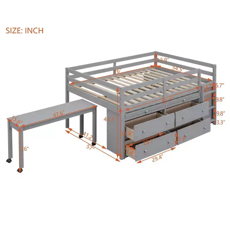 Letto a soppalco singolo (76L x 41.8W) con scrivania estraibile, 4 cassetti, scrivania laterale portatile e mensole