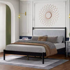 Platform Bed for approx. 137 × 191 cm / 152 × 203 cm mattress options Frame with Fluffy Soft Headboard, Black+Gray