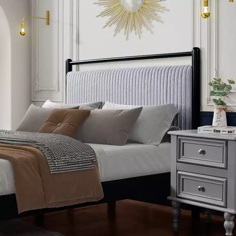 Full/Queen Size Platform Bed Frame with Fluffy Soft Headboard, Black+Gray-