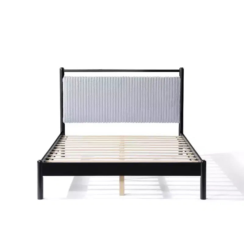 Full/Queen Size Platform Bed Frame with Fluffy Soft Headboard, Black+Gray-