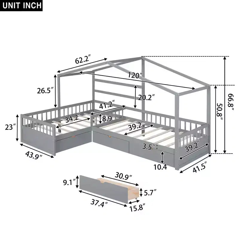 Letto a piattaforma a forma di casa, misura singola, con tre cassetti portaoggetti