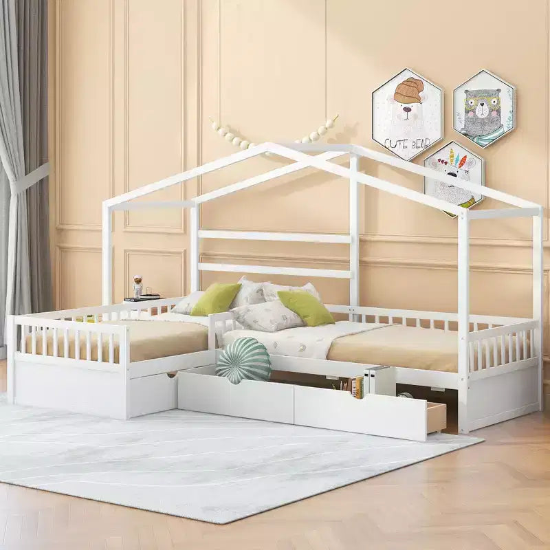 Letto a piattaforma a forma di casa, misura singola, con tre cassetti portaoggetti