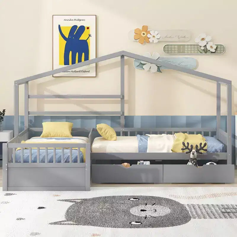 Letto a piattaforma a forma di casa, misura singola, con tre cassetti portaoggetti