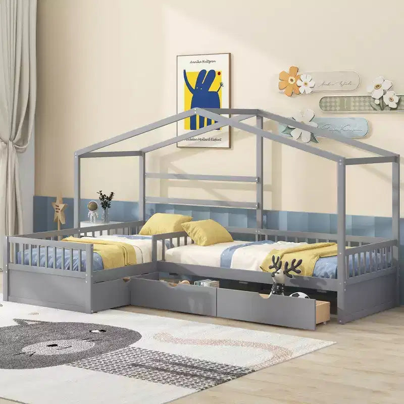 Letto a piattaforma a forma di casa, misura singola, con tre cassetti portaoggetti