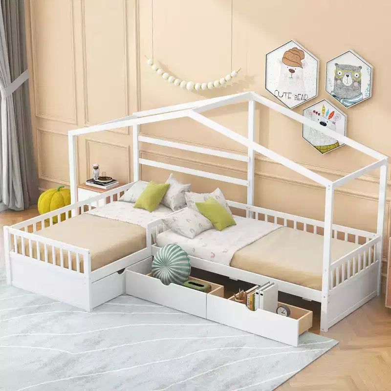 Twin Size House Platform Bed with Three Storage Drawers