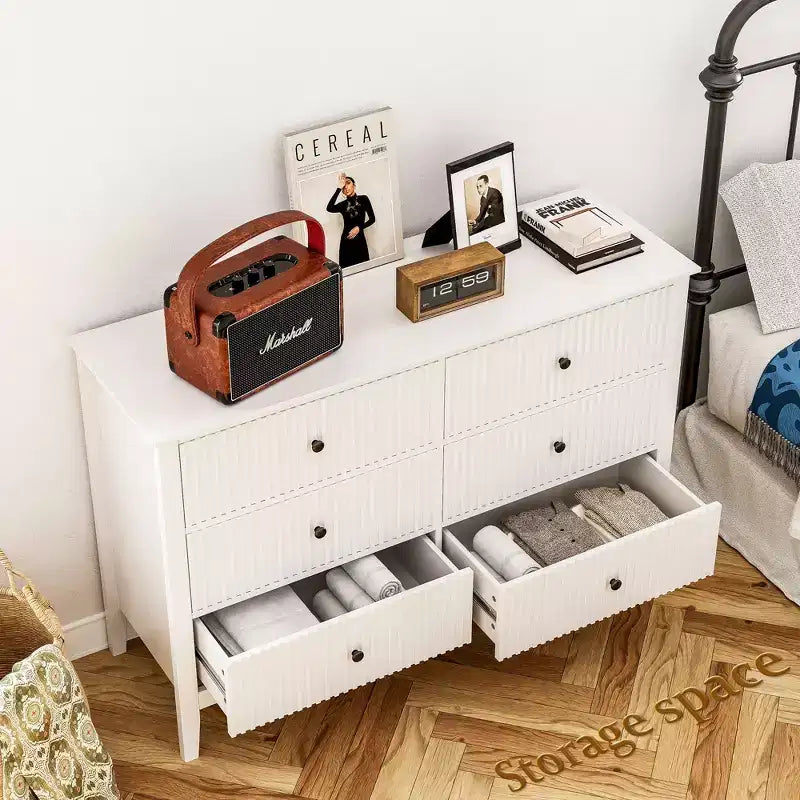 Morden Vertical Stripes 6-Drawer Double Dresser, Painted Chest of Drawers, Wooden Storage Cabinet for Bedroom Living Room Sideboard