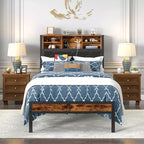 Metal Platform Bed for approx. 97 × 191 cm / 137 × 191 cm / 152 × 203 cm mattress options, Bed Frame with Headboard & Footboard, LED Lights and USB Charging Station, Brown
