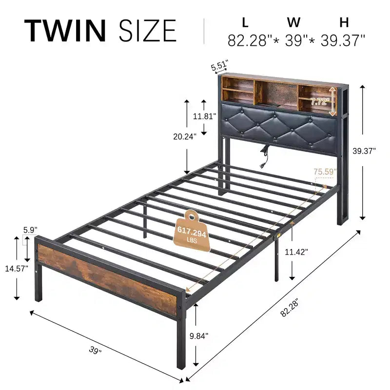 Letto a piattaforma in metallo, misura doppia/completa/queen, con testiera e pediera, luci LED e stazione di ricarica USB, marrone