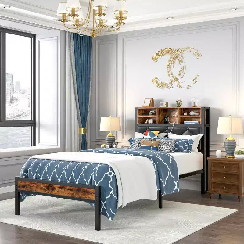 Twin/Full/Queen Size Metal Platform Bed, Bed Frame with Headboard & Footboard, LED Lights and USB Charging Station, Brown