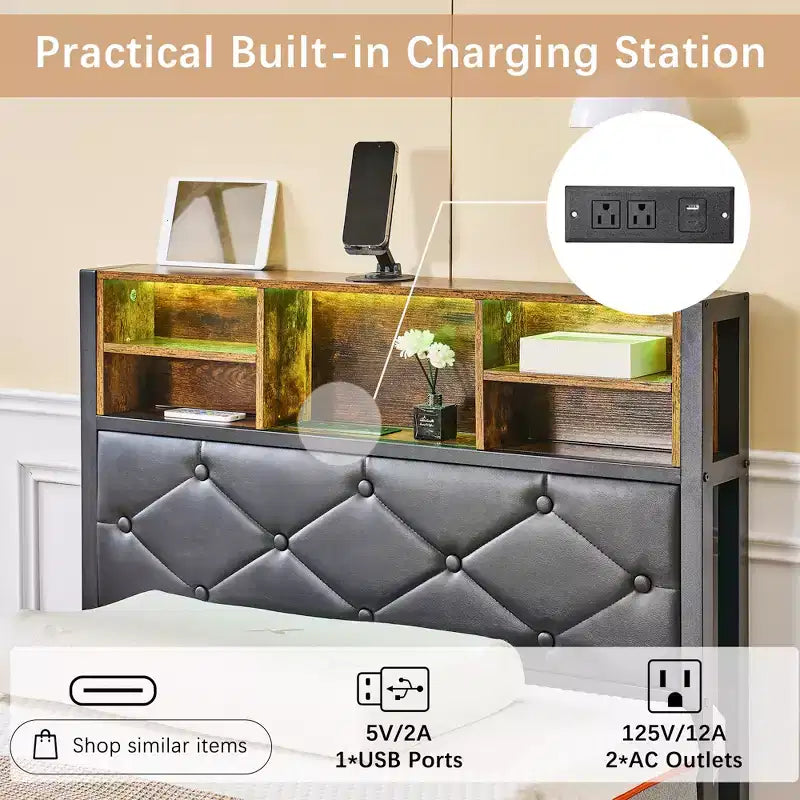 Letto a piattaforma in metallo, misura doppia/completa/queen, con testiera e pediera, luci LED e stazione di ricarica USB, marrone
