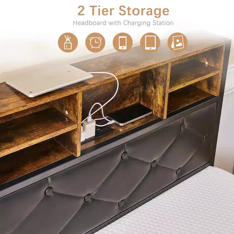 Letto a piattaforma in metallo, misura doppia/completa/queen, con testiera e pediera, luci LED e stazione di ricarica USB, marrone