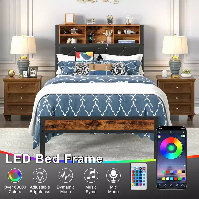 Letto a piattaforma in metallo, misura doppia/completa/queen, con testiera e pediera, luci LED e stazione di ricarica USB, marrone