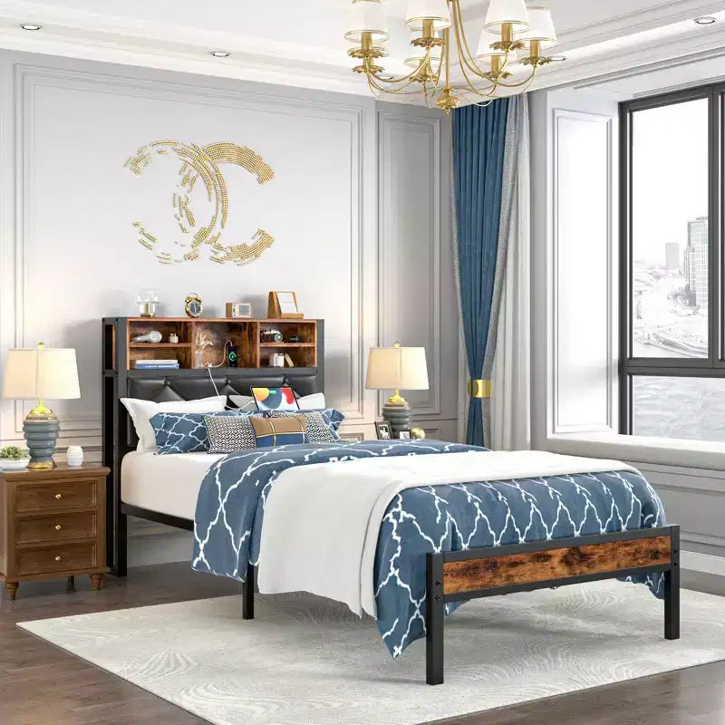 Letto a piattaforma in metallo, misura doppia/completa/queen, con testiera e pediera, luci LED e stazione di ricarica USB, marrone