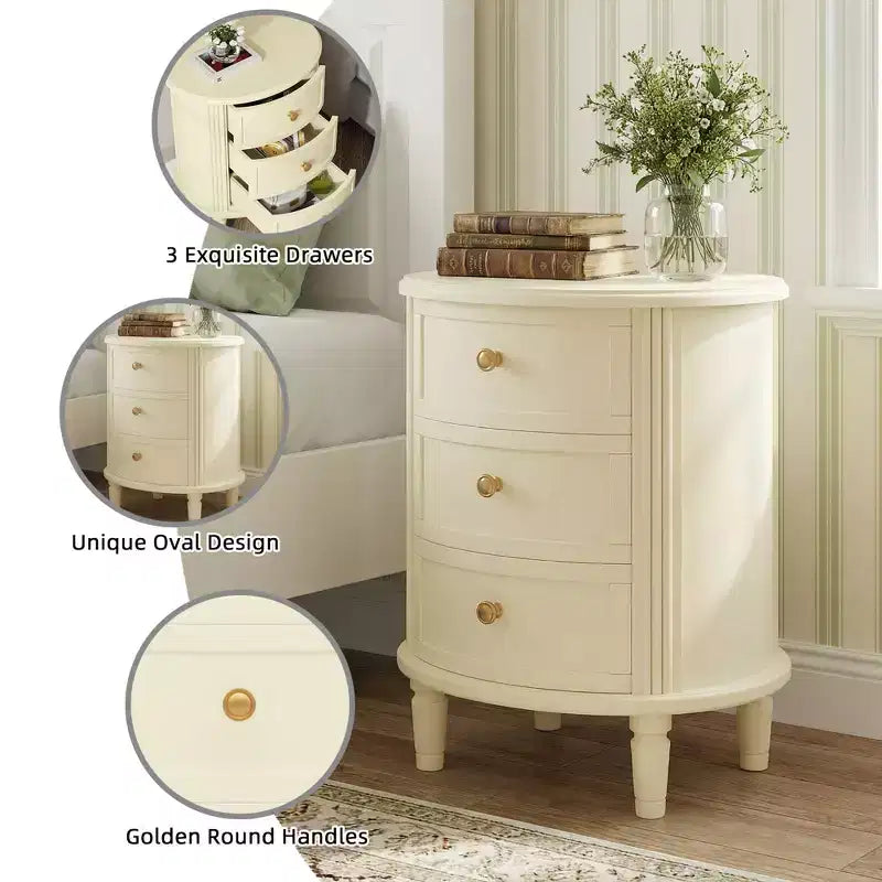 3-Drawer Wood Nightstand, Bedside Table with Solid Wood Legs