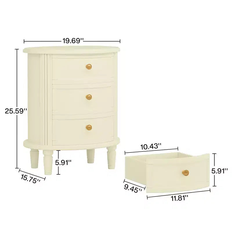 Comodino in legno a 3 cassetti, comodino con gambe in legno massello