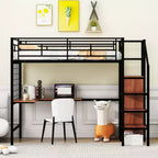 Metal Loft Bed for an approx. 97 × 191 cm mattress with Desk and Metal Grid, Stylish Metal Frame Bed with Lateral Storage Ladder and Wardrobe