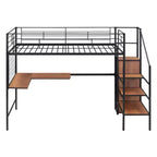 Letto a soppalco in metallo matrimoniale con scrivania e griglia in metallo, elegante letto con struttura in metallo, scaletta laterale con vano contenitore e armadio