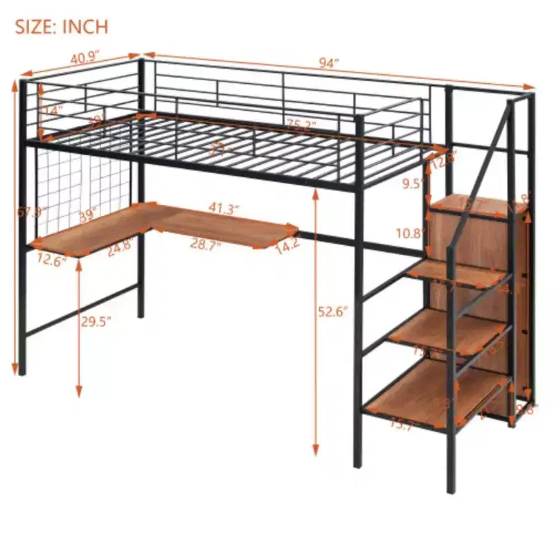 Letto a soppalco in metallo matrimoniale con scrivania e griglia in metallo, elegante letto con struttura in metallo, scaletta laterale con vano contenitore e armadio