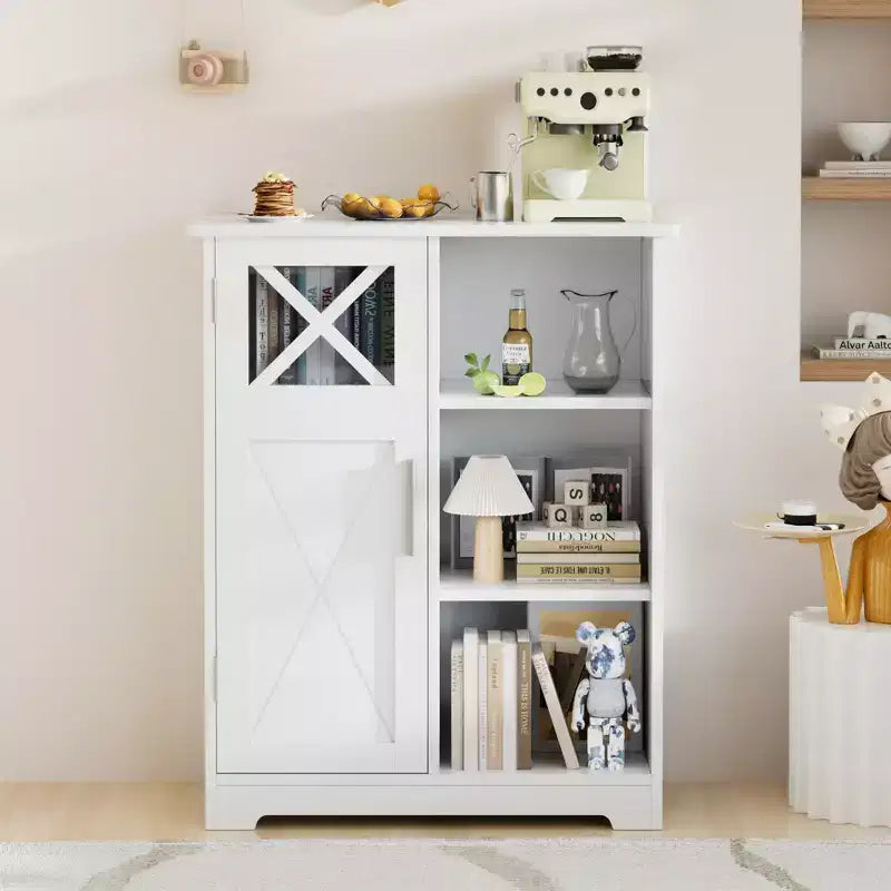 Mobiletto da Bagno con 2 Ripiani Regolabili, Mobiletto Autoportante con 1 Anta e 3 Scomparti Aperti, Bianco