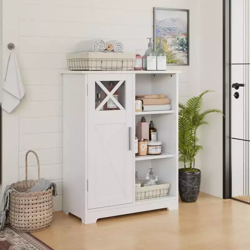 Mobiletto da Bagno con 2 Ripiani Regolabili, Mobiletto Autoportante con 1 Anta e 3 Scomparti Aperti, Bianco