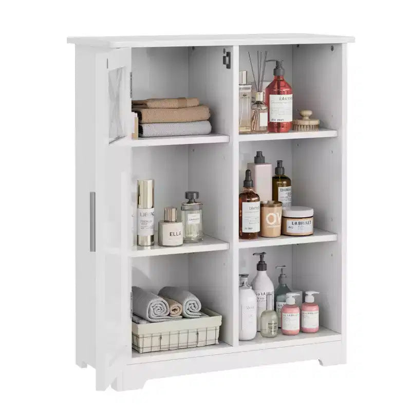 Bathroom Floor Storage Cabinet with 2 Adjustable Shelves, Freestanding Cabinet with 1 Door & 3 Open Compartments, White