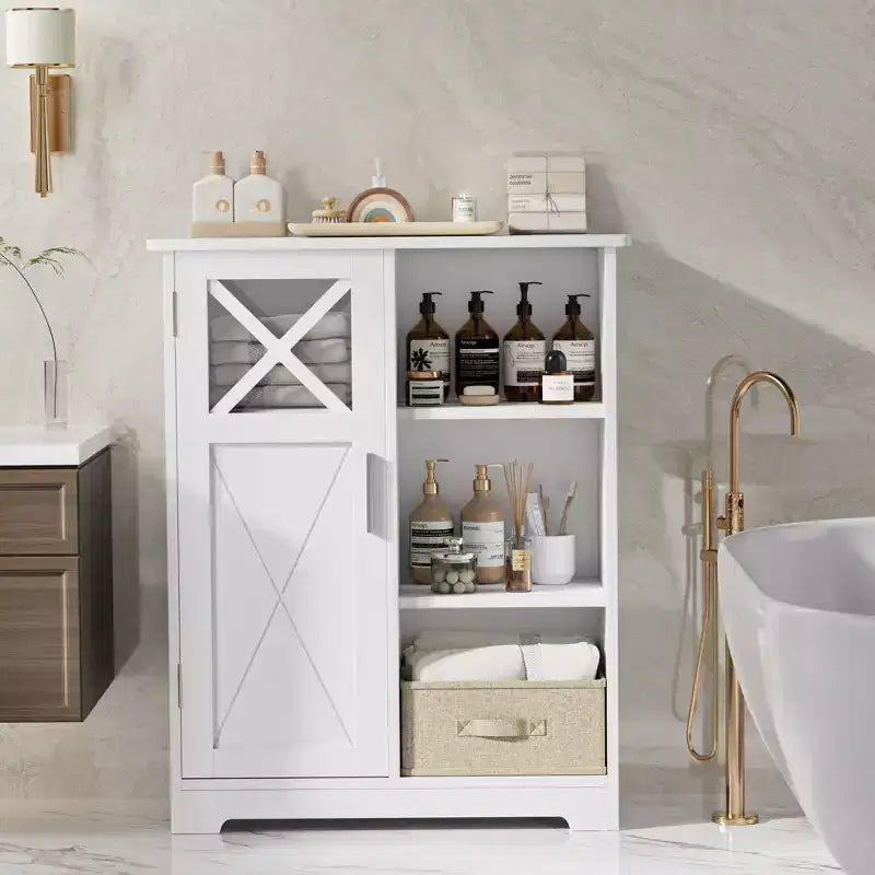 Mobiletto da Bagno con 2 Ripiani Regolabili, Mobiletto Autoportante con 1 Anta e 3 Scomparti Aperti, Bianco