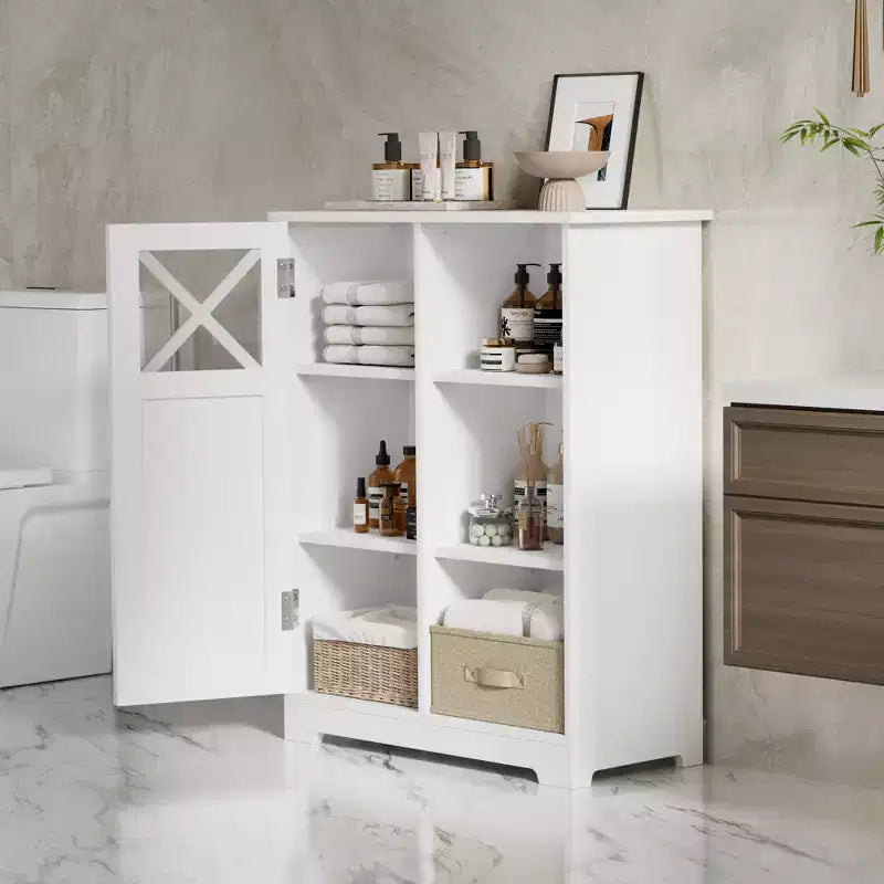 Mobiletto da Bagno con 2 Ripiani Regolabili, Mobiletto Autoportante con 1 Anta e 3 Scomparti Aperti, Bianco
