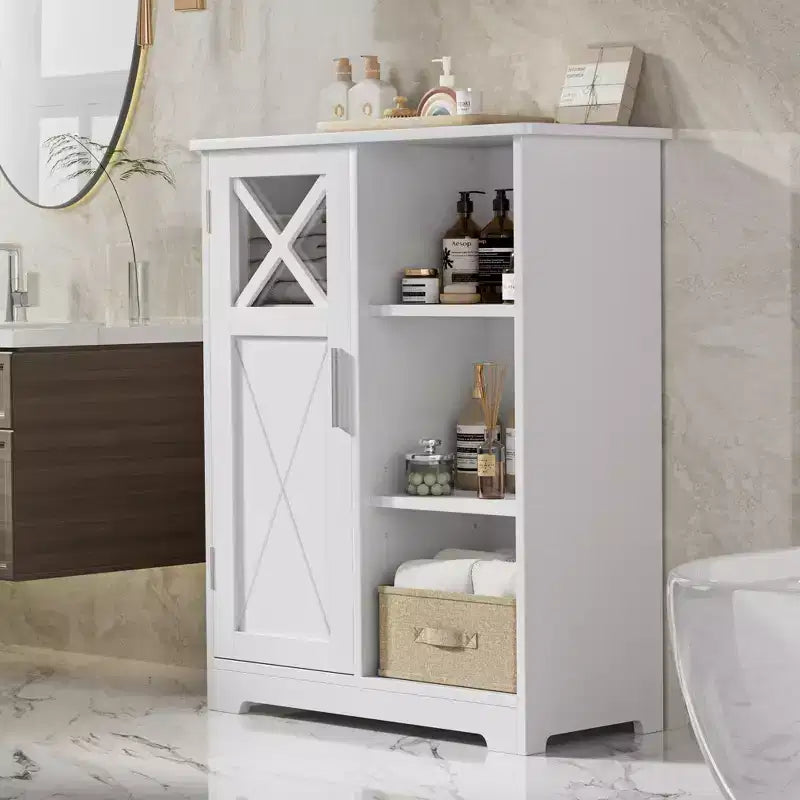 Mobiletto da Bagno con 2 Ripiani Regolabili, Mobiletto Autoportante con 1 Anta e 3 Scomparti Aperti, Bianco