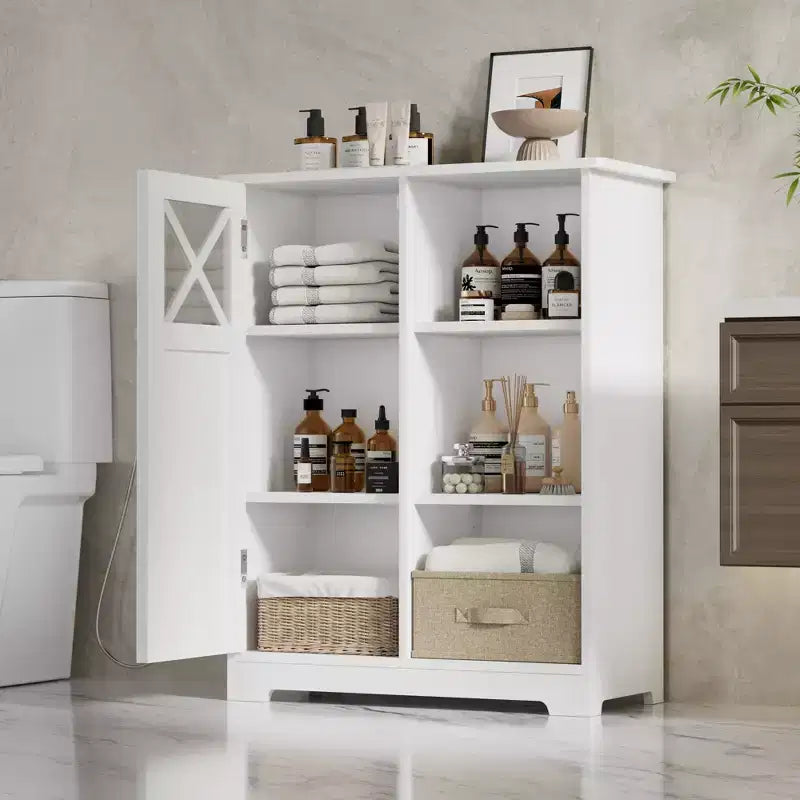 Mobiletto da Bagno con 2 Ripiani Regolabili, Mobiletto Autoportante con 1 Anta e 3 Scomparti Aperti, Bianco