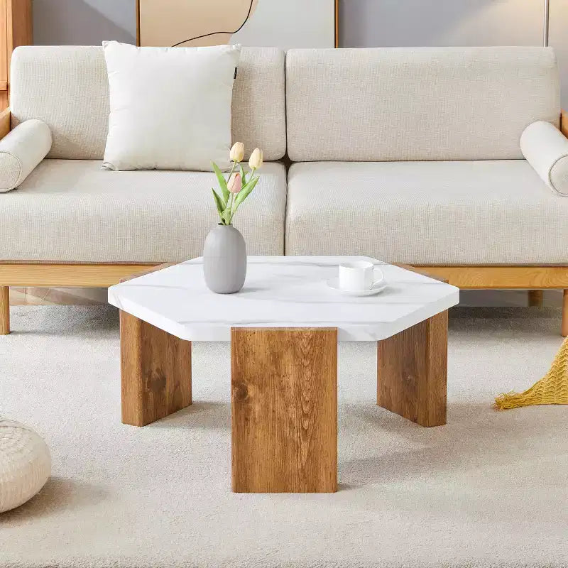 31-Inch Modern Hexagonal Coffee Table with White Marble Surface