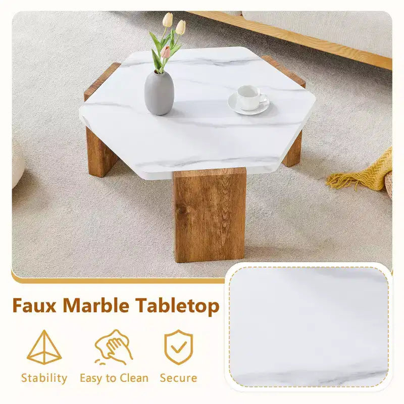 31-Inch Modern Hexagonal Coffee Table with White Marble Surface