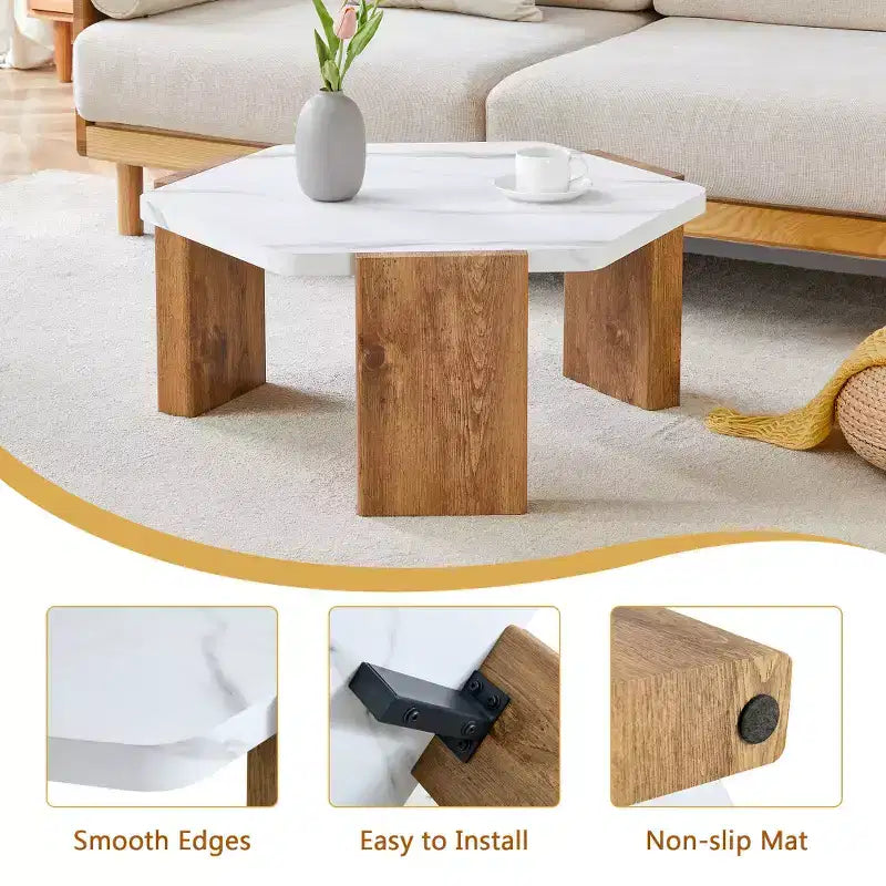 Tavolino da caffè esagonale moderno da 78 cm con superficie in marmo bianco