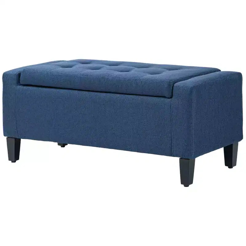 Poggiapiedi contenitore, Panca contenitore rivestita in lino con coperchio sollevabile e capitonné per soggiorno, Blu scuro