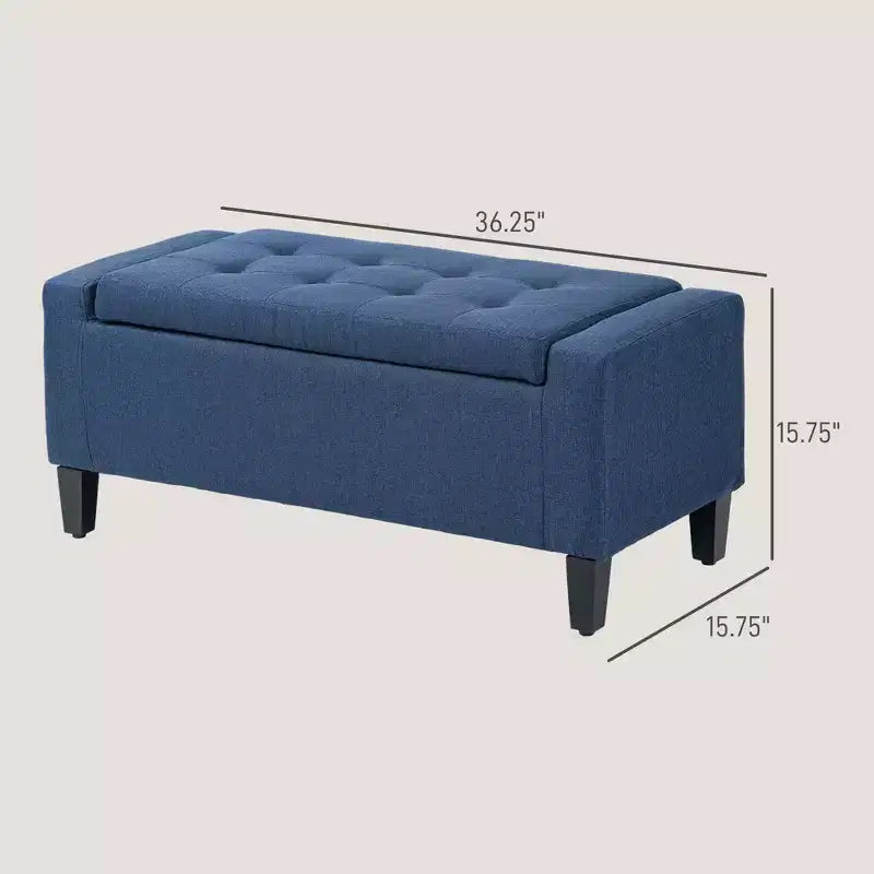Poggiapiedi contenitore, Panca contenitore rivestita in lino con coperchio sollevabile e capitonné per soggiorno, Blu scuro