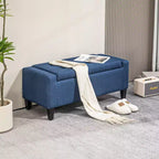 Poggiapiedi contenitore, Panca contenitore rivestita in lino con coperchio sollevabile e capitonné per soggiorno, Blu scuro