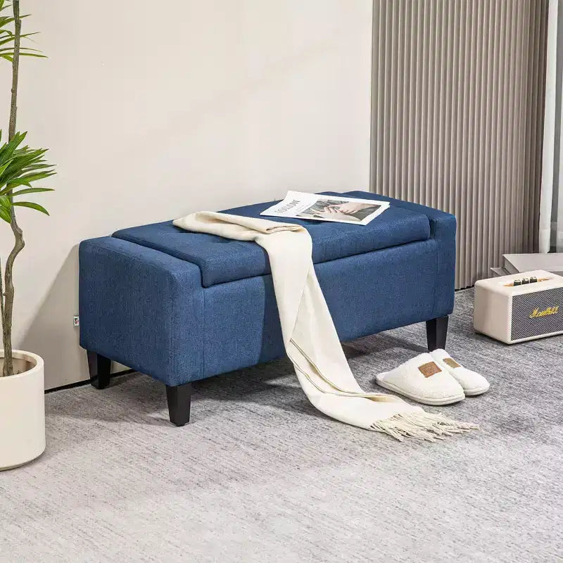 Poggiapiedi contenitore, Panca contenitore rivestita in lino con coperchio sollevabile e capitonné per soggiorno, Blu scuro